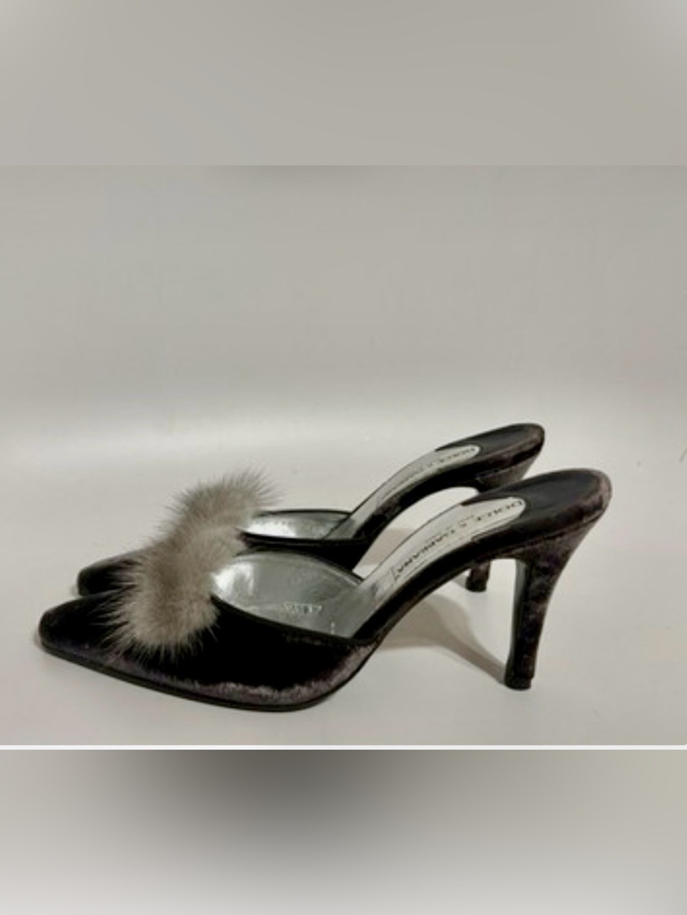 Dolce & Gabbana Black Heeled Mules with Gray Fur Accent